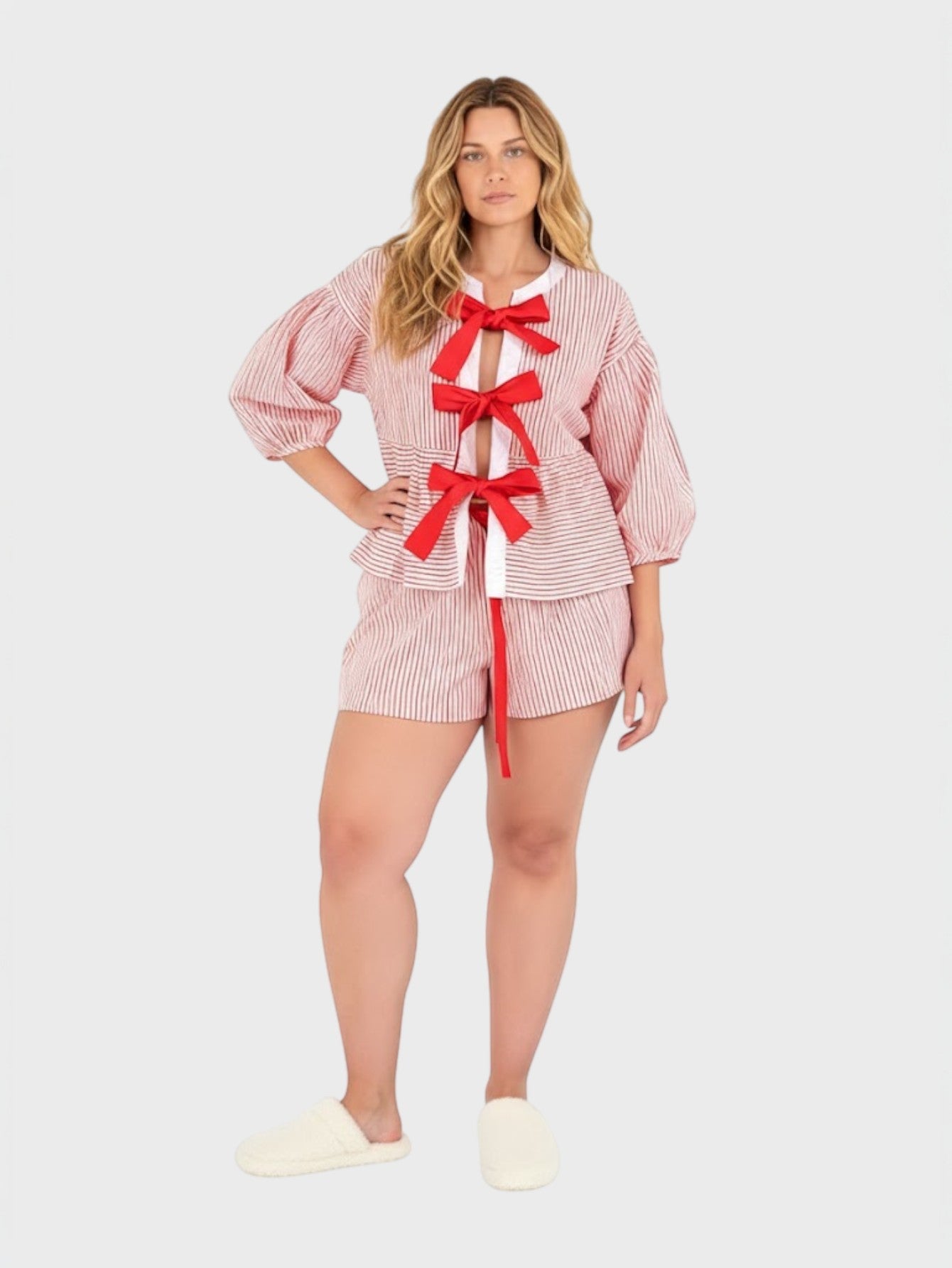 Lapa Plus Women's Christmas Round - Neck Bowknot Shorts Set - Lapa plus