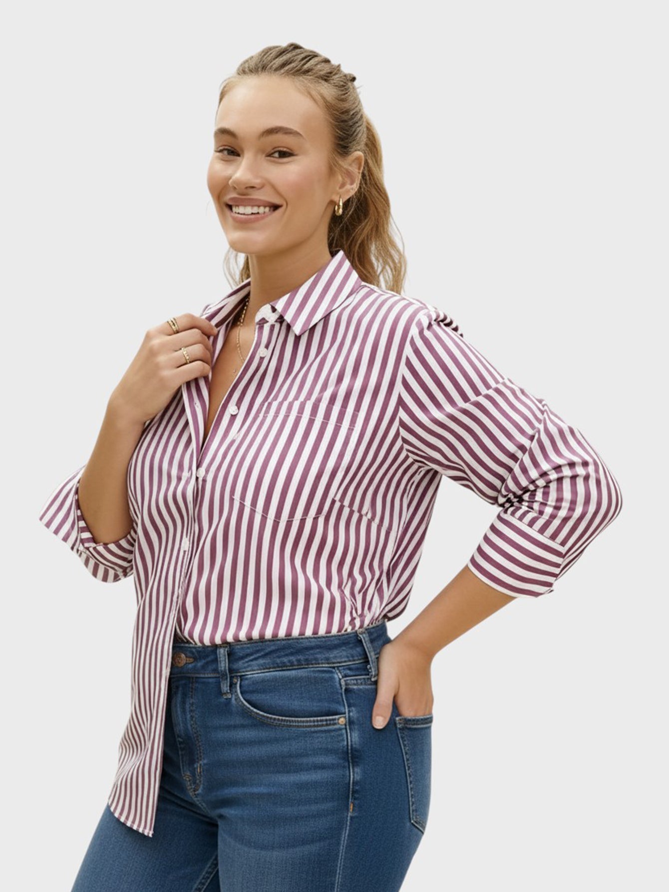 Lapa Plus Women's Striped Top with a Chest Single Pocket - Lapa plus