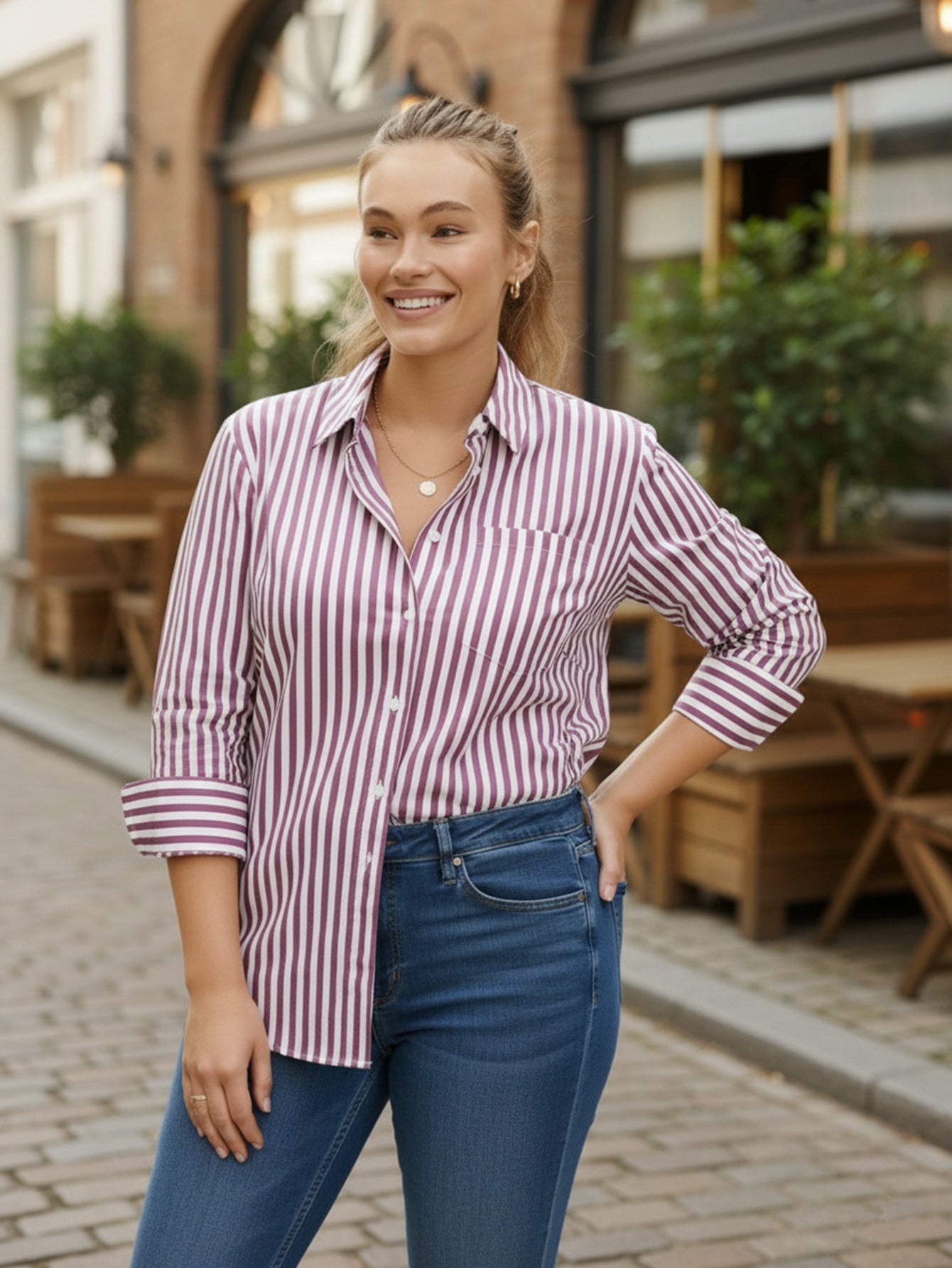 Lapa Plus Women's Striped Top with a Chest Single Pocket - Lapa plus