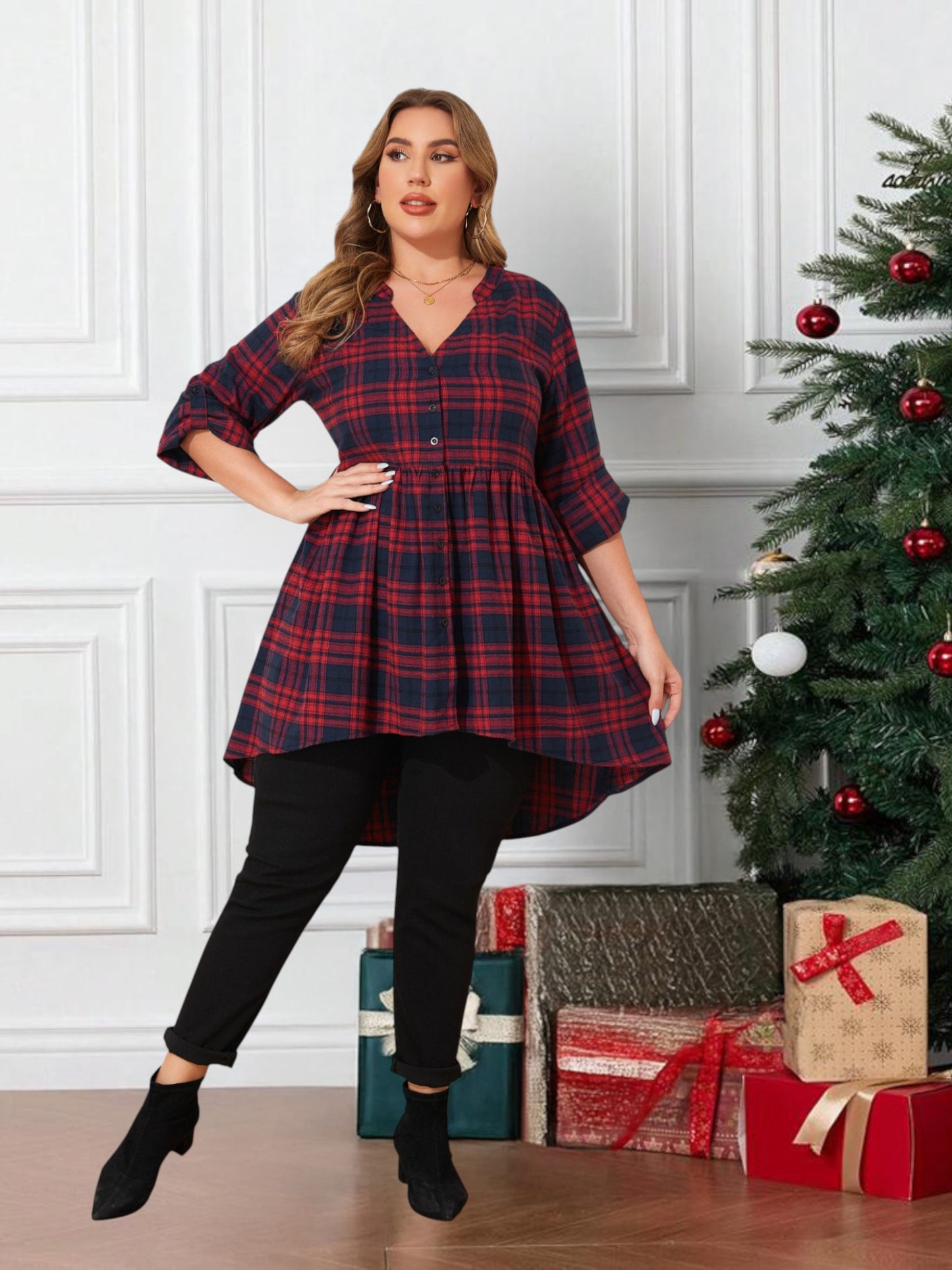 Lapa Plus Women's Party Christmas Checkered Tops