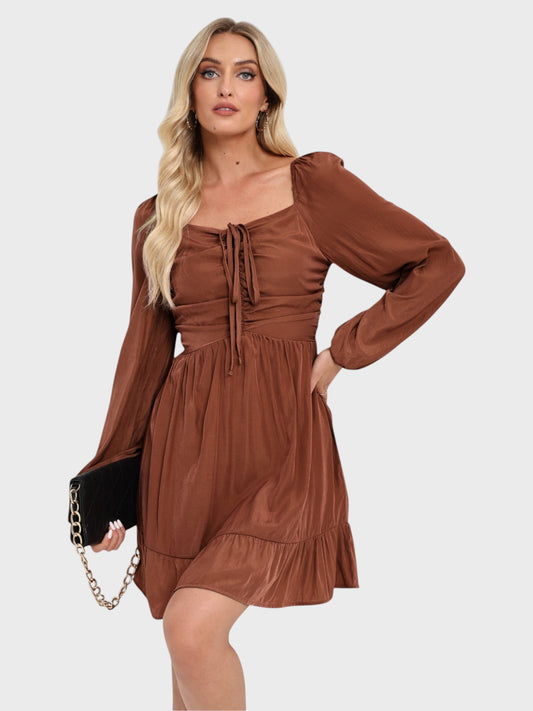 Lapa Plus Women's Square Neck Long Sleeved Pleated Dress