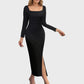 Lapa Plus Women's Pleated Waist Slit Long Sleeved Dress