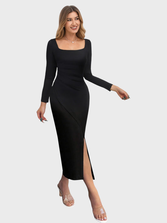 Lapa Plus Women's Pleated Waist Slit Long Sleeved Dress