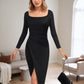 Lapa Plus Women's Pleated Waist Slit Long Sleeved Dress
